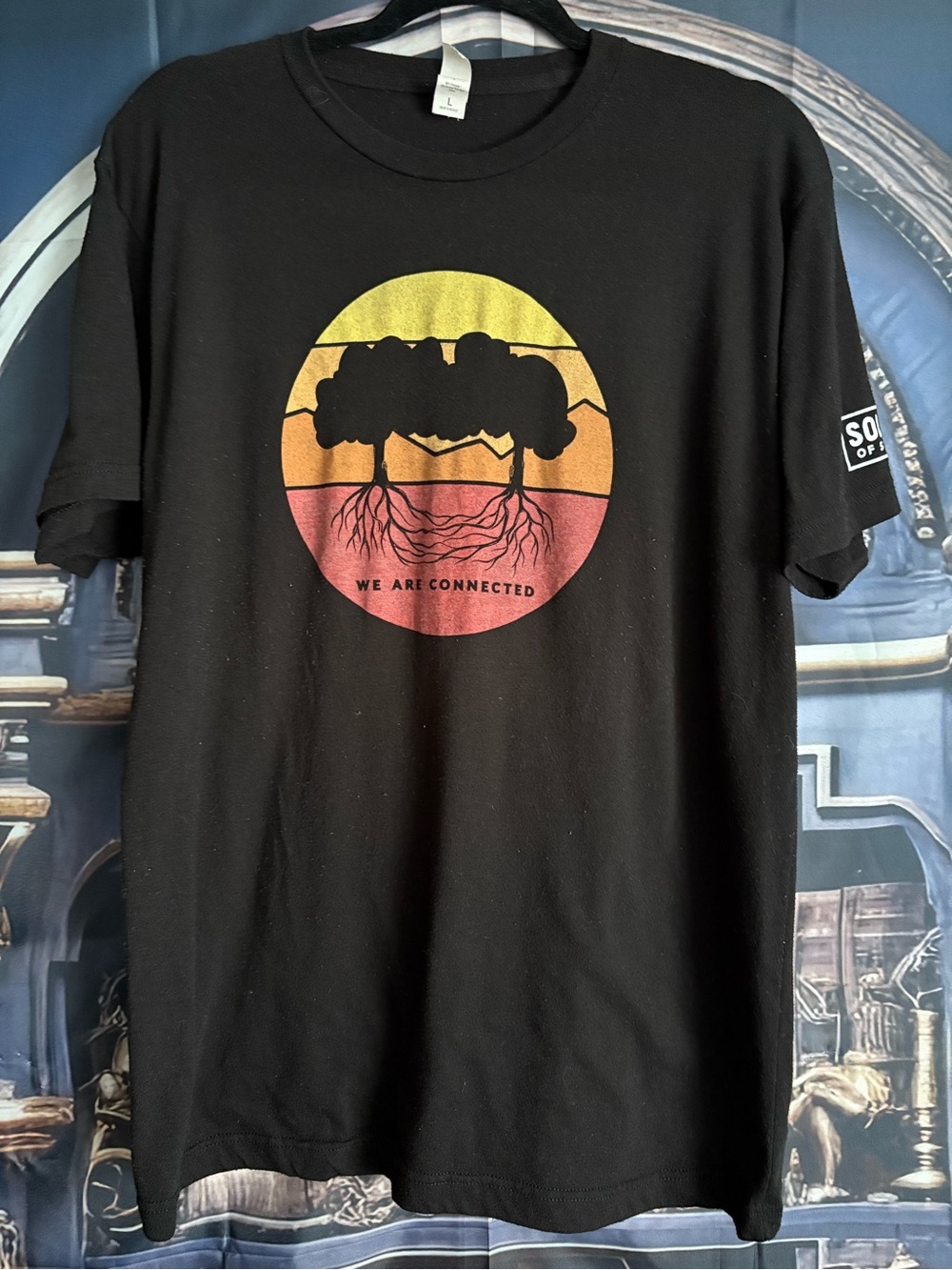 We Are Connected Black Graphic Tee with Sunset Tree Design